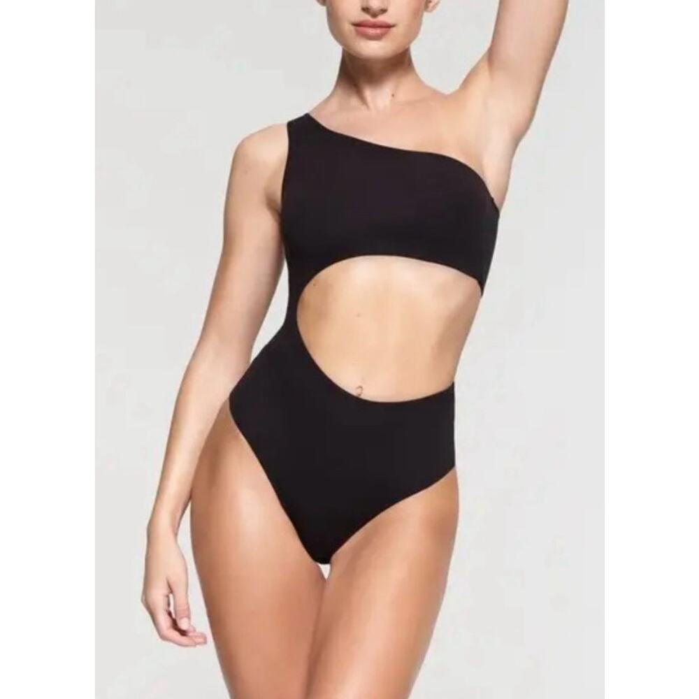 SKIMS Size 4X Fits Everybody 1 Shoulder Cut Out Bodysuit Onyx Black BD-THG-3042